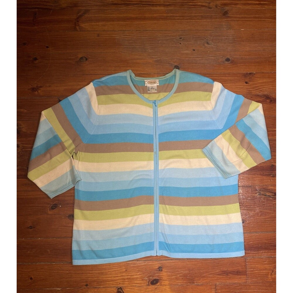 Talbots Womens Pastel Multicolor Striped Full-Zip Cardigan Sweater 3/4 Sleeve XL
